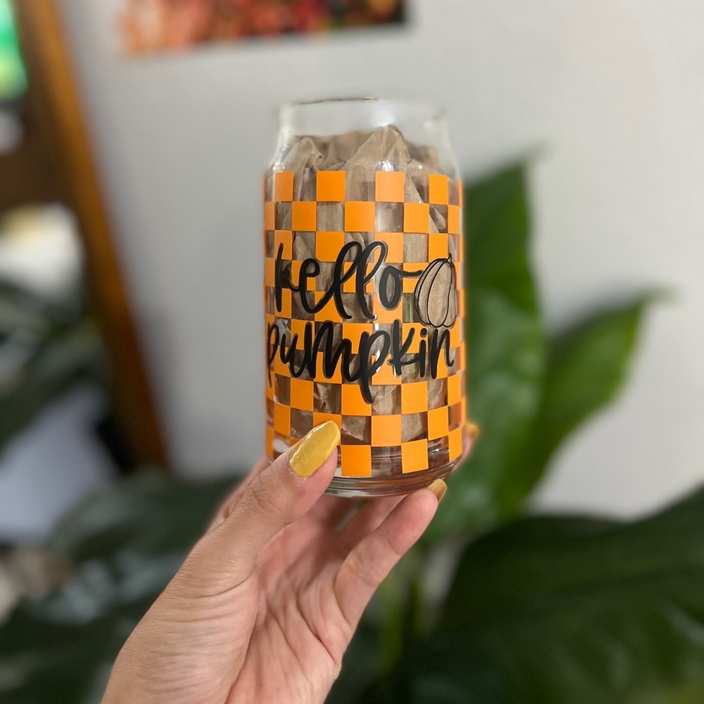 Hello pumpkin Libbey glass 16 oz can